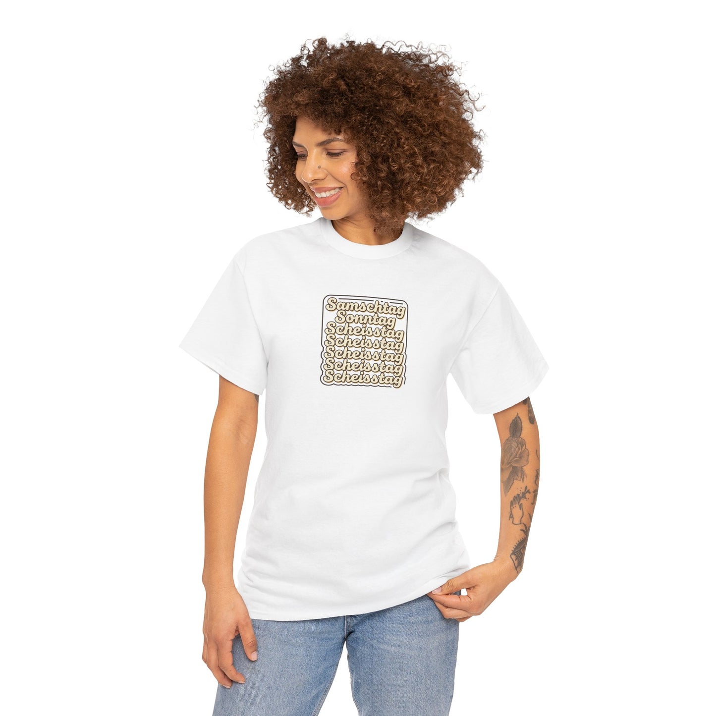 Vintage Stacked Script Tee — 'Stronger' Repeating Text Graphic